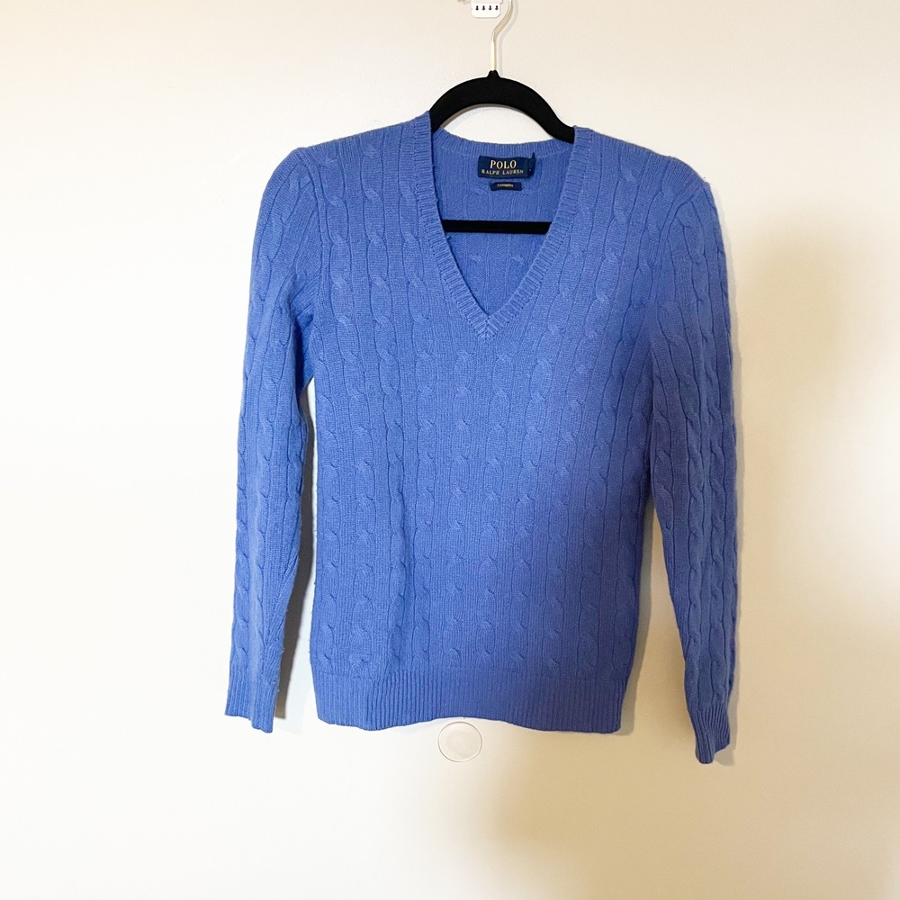 Ralph Lauren cashmere blue Cableknit v‎ neck sweater small